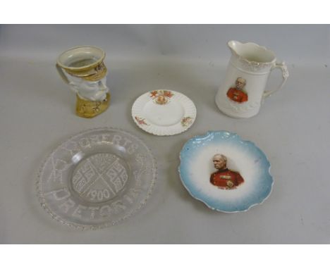 Lord Roberts - four ceramic items comprising large character jug 16cm high, jug 18cm high, continental plate 21cm diameter an