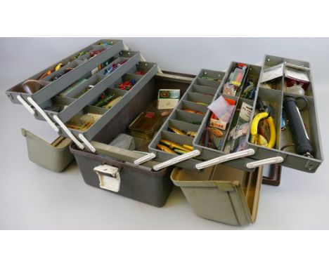 Fishing - a fisherman's plastic cantilever storage box, fully stocked with a large quantity of lures, flies, hooks, tools etc