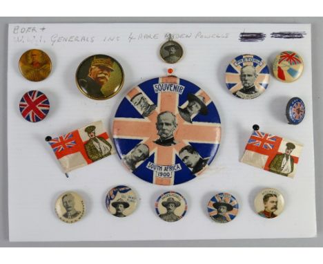 Thirteen pin badges/pendants and two "wounded" flags, relating to the Boer War and WWl including patriotic portraits of Baden
