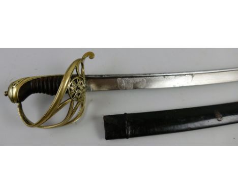 A George lV 1822 pattern infantry officer's sword, with 81cm steel curved piped back blade, brass four-bar hilt incorporating