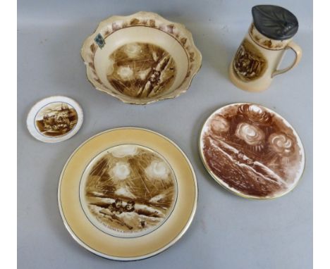Bruce Bairnsfather - three Grimwade's pottery items comprising lidded jug 18cm high, Whitby crested fruit bowl 26cm diameter 
