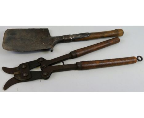 A pair of WWl trench barbed wire cutters with ordnance arrow mark and indistinct date, probably 1918, 53cm long, and an early