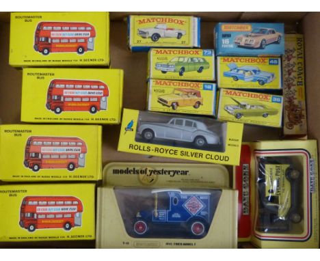 Various makers - Budgie Rolls Royce Silver Cloud No.102 and four Routemaster Buses No.236, all boxed, six Matchbox Models Nos