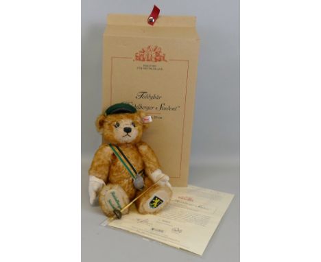 A Steiff limited edition Heidelberger Student musical teddy bear, No.447/2000, 29cm high, boxed with certificate