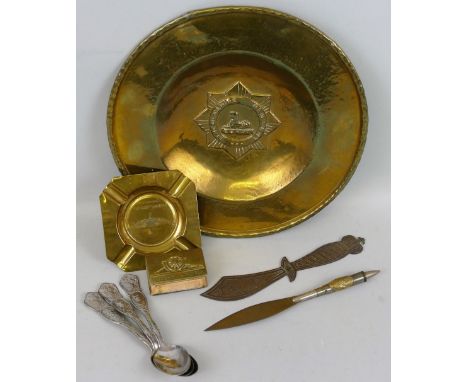 WWl Trench art and other metalware, comprising Lincolnshire Regiment brass circular wall plaque 26cm diameter, Royal Artiller