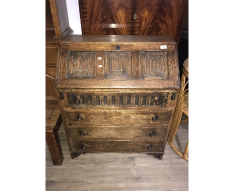 VINTAGE CARVED OAK "LINENFOLD" BUREAU 76CM W