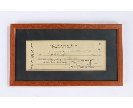 Buddy Holly and the Crickets interest, a cheque from the Clovis National Bank Clovis New Mexico dated July 21 1958 to pay the