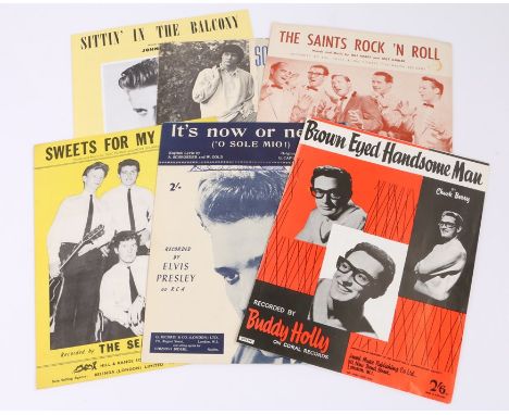 Seven pieces of sheet music to include Elvis Presley (2), Buddy Holly, Bill Haley, Eddie Cochran, Searchers and PJ Proby