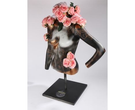 Kate Moss interest, a signed Kate Moss mannequin, with the text Love Kate Moss and a heart, with roses applied to the mannequ