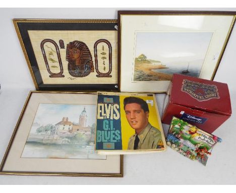 Two framed watercolour landscape scenes, Elvis G.I Blues vinyl record and a boxed Disney Traditions Winnie The Pooh model. [5