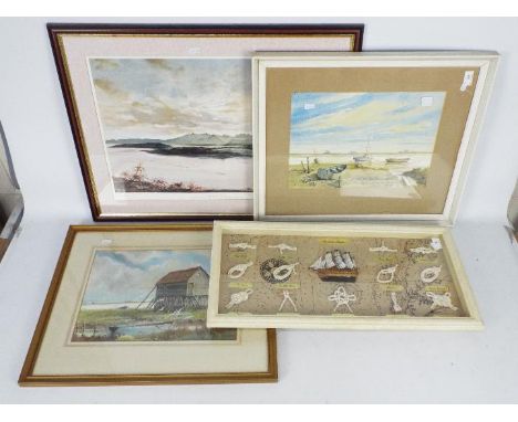 Two framed pastel landscapes, signed F J Moore, mounted and framed under glass, a pencil signed print after William Dobbie an