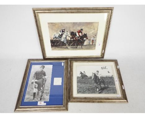 Two photographic prints and one limited edition print of horse racing interest, the imited edition print depicting Desert Orc
