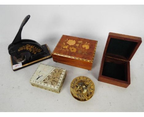 A small mixed lot comprising a vintage office hand press 'K Gosden Limited', a soapstone hinge-lidded trinket box, a Swiss mu