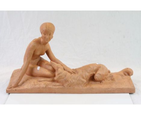 Large Terracotta model of a Nude female with Afghan Hound type dog in art deco style with impressed mark "Georges Coste"