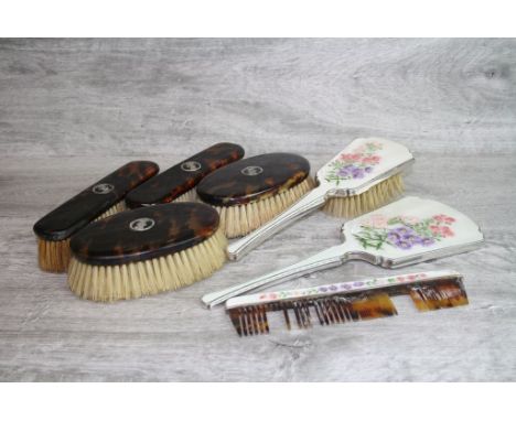 Silver and Enamel Three Piece Dressing Table Set and Four Tortoiseshell Back Brushes