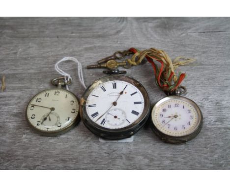 H E Peck of London silver open faced key wind pocket watch, missing glass, white enamel dial and subsidiary dial, black Roman