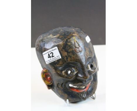 Chinese Wooden Child's Mask with painted finish and Wax export seal to verso