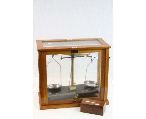 Glass &amp; Wooden cased set of vintage "Griffin &amp; George Ltd" Chemists scales with boxed set of Weights