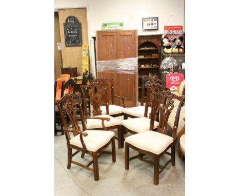 Set of Six Reproduction Chippendale Style Dining Chairs with scroll carved splats and over-stuffed seats (including two carve