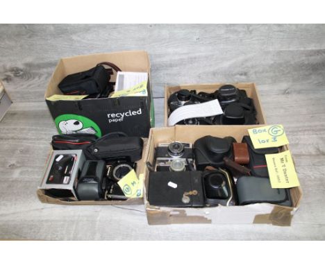 Collection of vintage Cameras &amp; equipment in four boxes to include 35mm, Compact &amp; Rangefinder Cameras, camera lens c