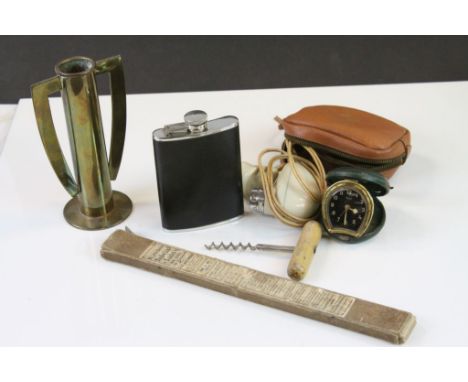 Mixed Lot to including Hip Flask, Travelling Alarm Clock, Corkscrew, Trench Art Style Brass Vase, Slide Rule, etc