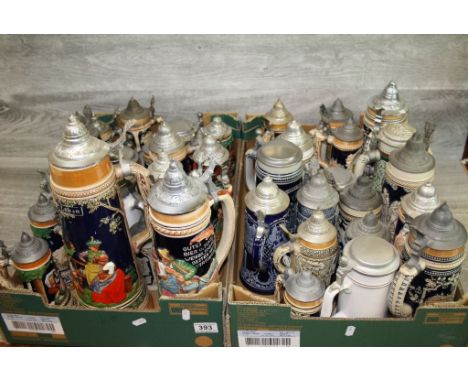 Collection of vintage ceramic German Beer steins with Pewter lids to include Musical examples