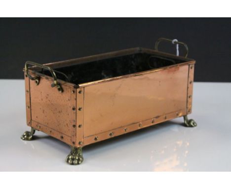Copper Planter with Brass Rivets, Handles and Lion Paw Feet with Metal Liner, 29cms long