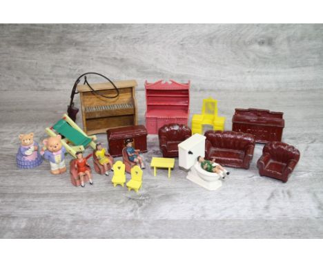 Five metal Britains dolls house furniture items and other metal and plastic dolls house furniture to include Lloyd Loom style