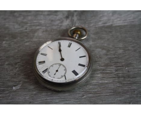 Silver open faced top wind pocket watch, white enamel dial and subsidiary dial, black Roman numerals, poker hands (dial crack