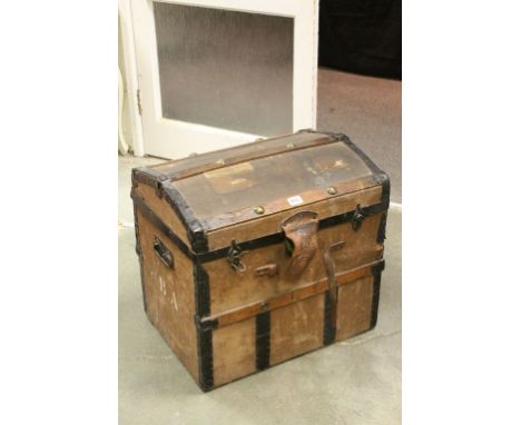 Irish Late 19th / Early 20th century Canvas Covered Pine and Oak Bound Domed Top Trunk with label to interior ' George Perry 