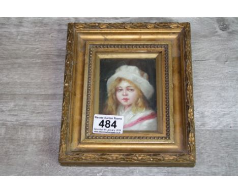 Gilt Framed Oil Painting Miniature Portrait of a Girl in Soft Brimmed Hat