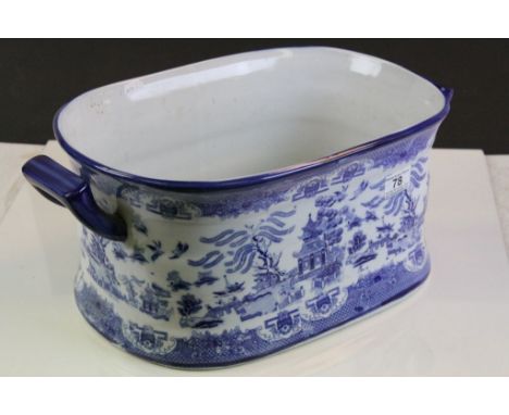 Large Ceramic Willow Patterned Blue and White Footbath, 49cms long