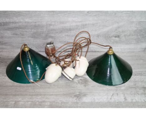 Pair of vintage Ceramic fitting pulley lights with green Glass shades
