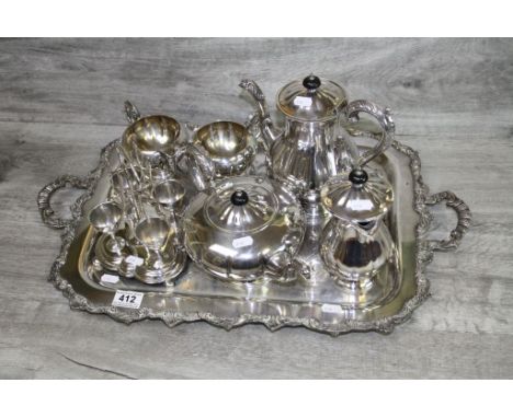 Six piece Silver plated Tea service, twin handled Tray and an Egg cup set with spoons