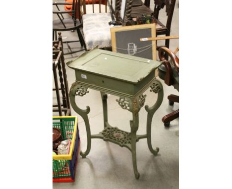 Thomas Chippendale Chinese Chinoiserie Style Sewing Cabinet with hinged opening lid and Brass Dragon Mask Mounts to Legs, 78c