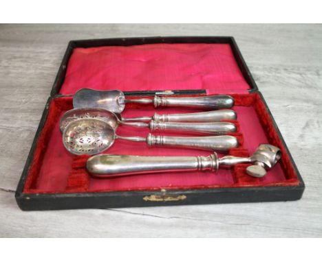 Christofle silver plated dinner serving set comprising ham bone clamp, strainer, sifter, meat fork etc, engraved initial R to
