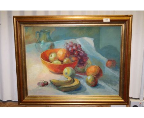 Oil on Board, Still Life Study of Various Fruits in a Setting with Ceramic Ware