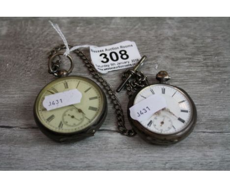 Continental silver open faced key wind pocket watch, white enamel dial and subsidiary dial, black Roman numerals, poker hands