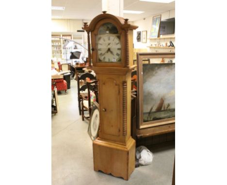 19th century Pine Longcase Clock with Arched Face, Pendulum and Weight