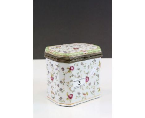 Ceramic box with Brass hinged ceramic lid and Famille Rose style pattern