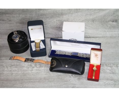 Collection of vintage wristwatches to include Rotary quartz Gents wristwatch, boxed; Citizen gents wristwatch, boxed; Claude 