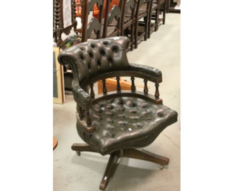 Early 20th century Green Button Leather Office Swivel Tub Chair with Hillcrest Action