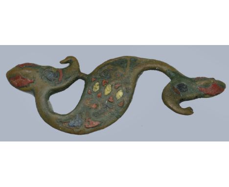 Celtic, Romano-Celtic, a dragonesque brooch, 2nd century AD, 49mm x 20mm, East Brigantian style, head with large red enamel e