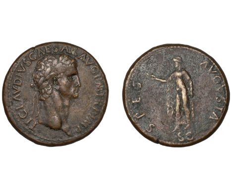 Roman Imperial Coinage, Claudius, Sestertius, Rome, 41, laureate bust right, rev. Spes walking left, holding flower and raisi