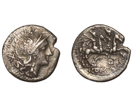 Roman Republican Coinage, Q. Lutatius Catulus or Cerco, Denarius, c. 206-200, helmeted head of Roma right, rev. Dioscuri ridi