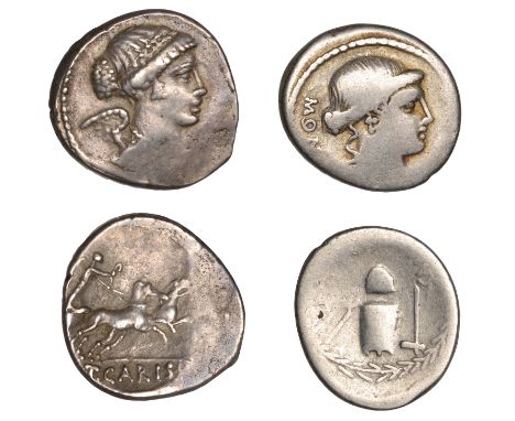 Roman Republican Coinage, T. Carisius, Denarii (2), 46, head of Juno Moneta right, mon[eta] behind, rev. implements for coini