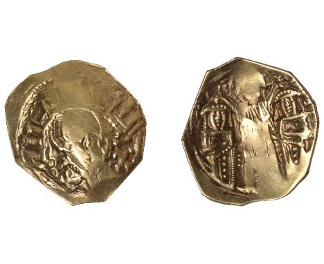 Andronicus II (1282-1328) with Michael IX, Hyperpyron, Constantinople, Virgin orans within city walls, flanked by k and x, re