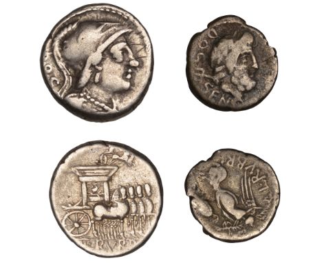 Roman Republican Coinage, L. Rubrius Dossenus, Denarius, c. 87, helmeted bust of Minerva right, dos behind, rev. triumphal qu