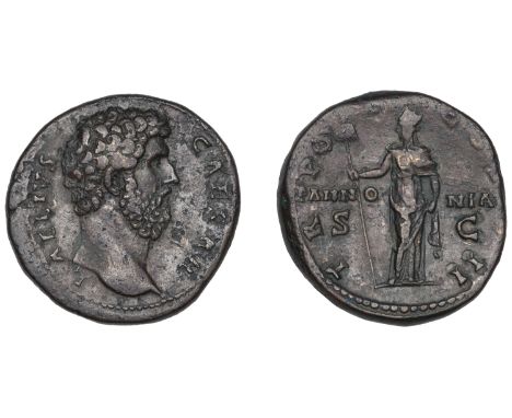 Roman Imperial Coinage, Ælius, Sestertius, 137, bare head right, rev. Pannonia standing left, holding Vexillum and raising dr