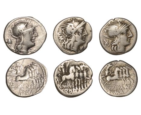 Roman Republican Coinage, Denarii (3), P. Maenius Antiaticus M.f., c. 132, helmeted head of Roma right, x behind, rev. Victor